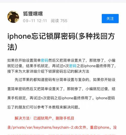 iPhone锁屏密码忘记了怎么办（忘记锁屏密码的处理方法及注意事项）